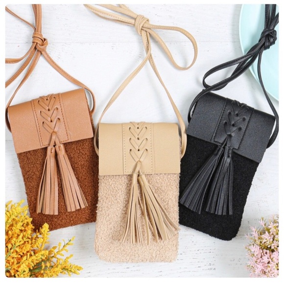 Handbags - Crossbody Cell Phone Tassel Sherpa Faux Leather Bag Small Purse Beige Color